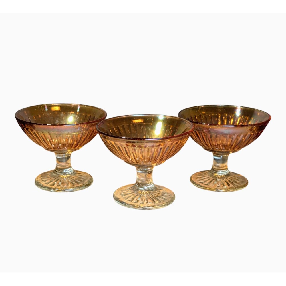 Lot Of 3 Imperial Carnival Glass Ribbed Sherbet Dessert Dishes Iridescent Gold